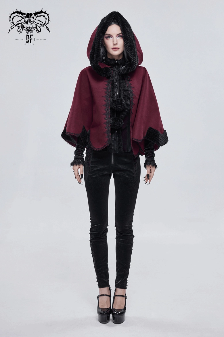 Red gothic hooded cape product shot front view with black fur collar and pom-pom fasteners