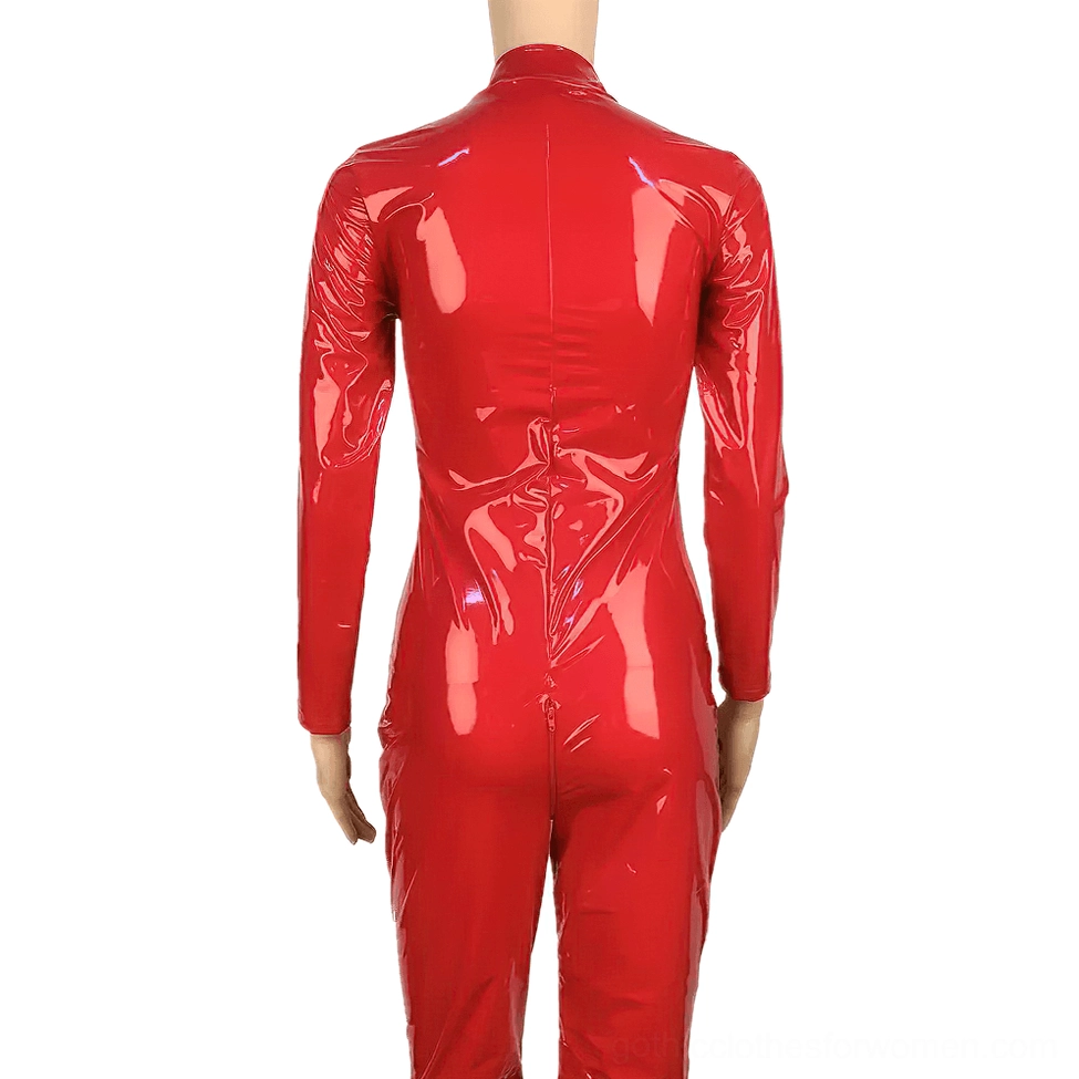 Red PU leather gothic jumpsuit back view on mannequin, glossy fabric tight silhouette