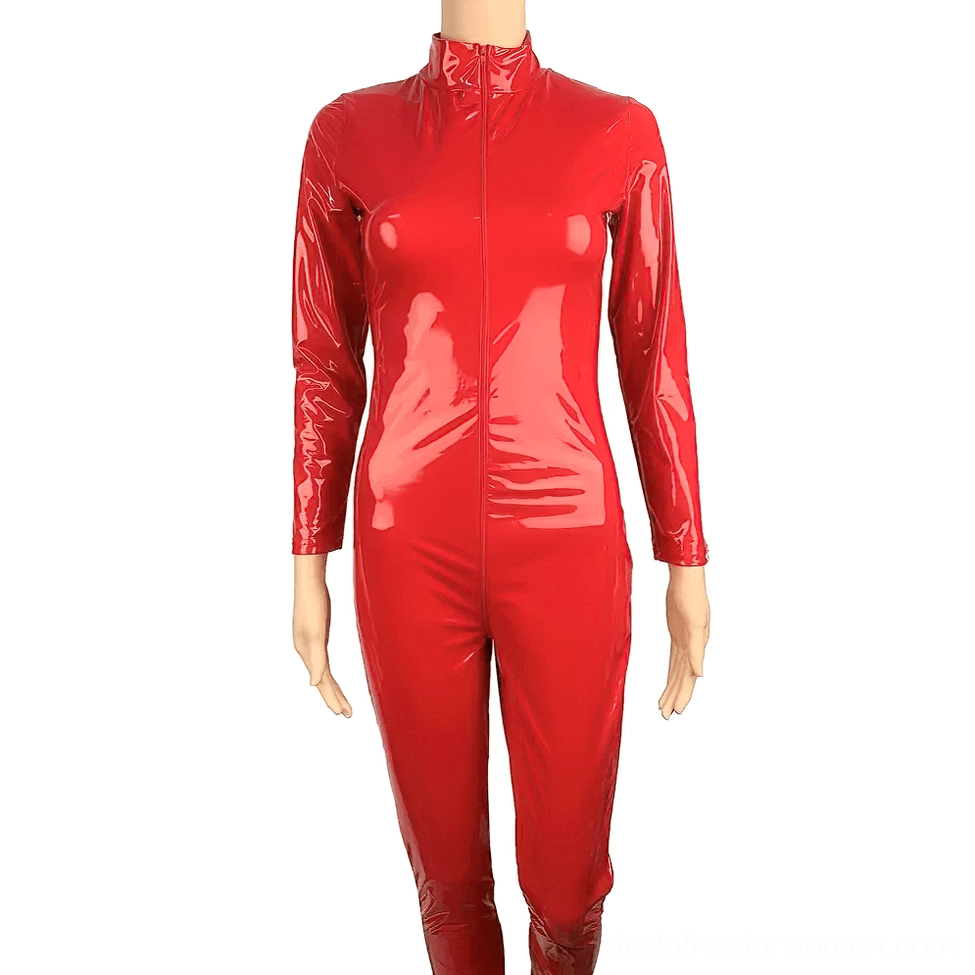 Red shiny PU leather gothic jumpsuit front view mannequin, stand collar long sleeves zipper
