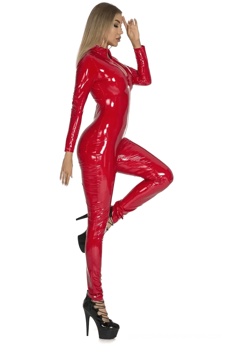 Red PU leather gothic jumpsuit close-up front zipper and neckline structural detail