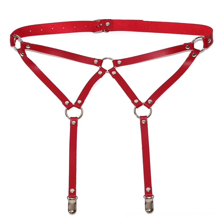 Red gothic garter belt harness flat lay, front display showing red PU leather with matching silver metal clips and buckles