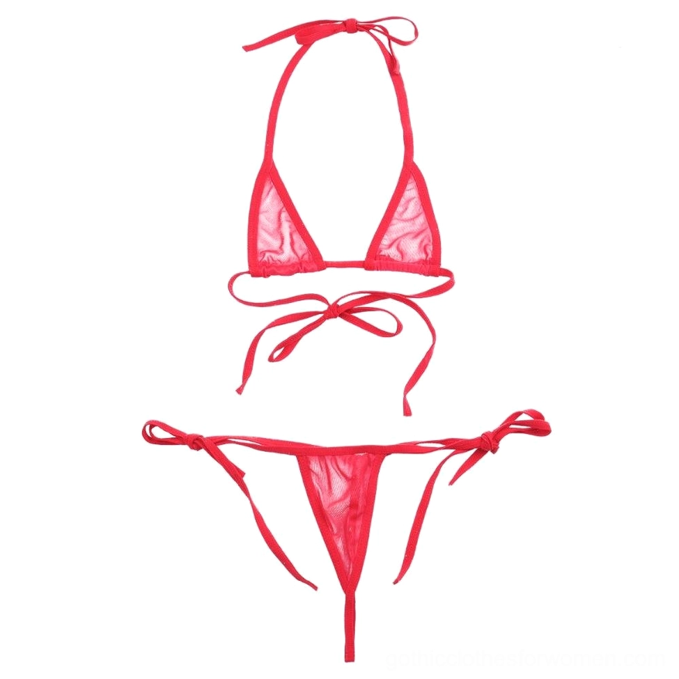 Red sheer mesh bikini lingerie set styled flat lay on white background, bright red mesh halter and thong pieces