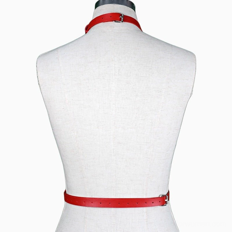 Red body harness back view with adjustable red waist belt on display mannequin against white background