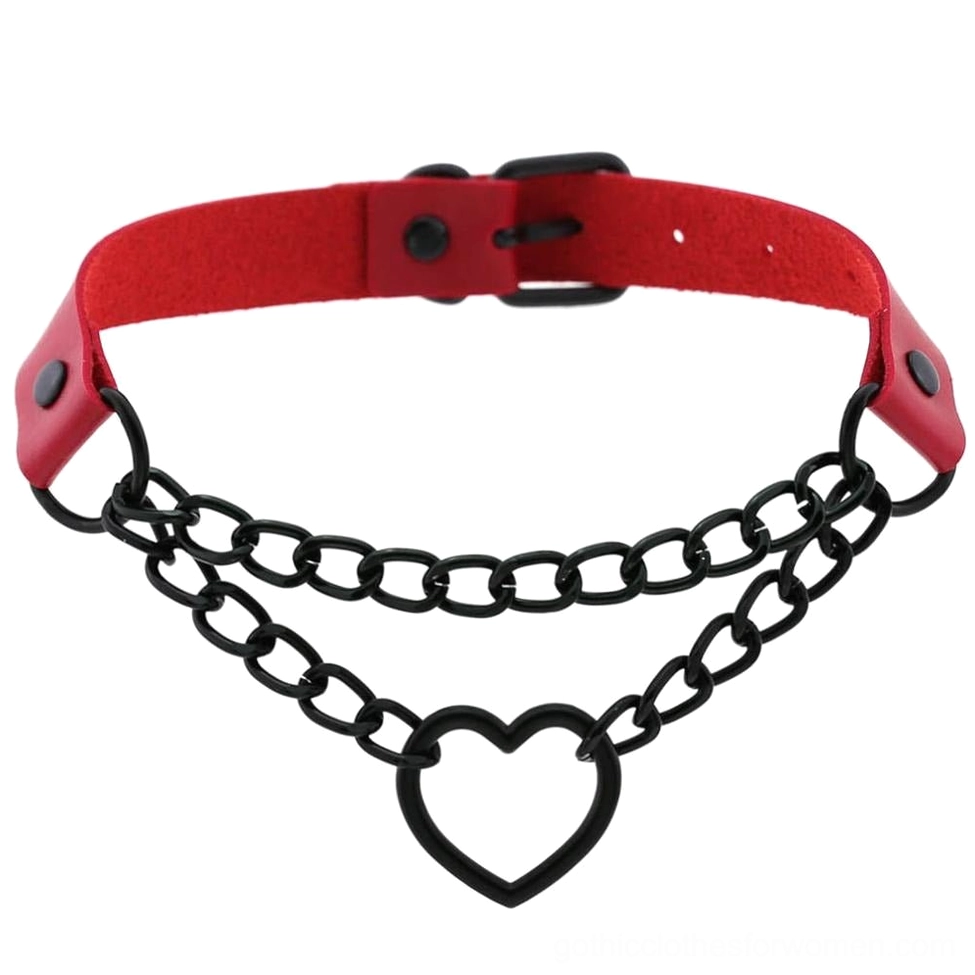 Red PU leather heart choker necklace with aluminum chain and hollow heart pendant, adjustable buckle