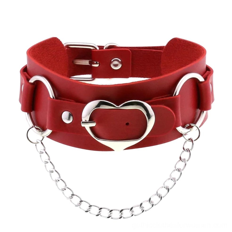 Red faux leather heart choker with silver heart buckle and decorative metal chain