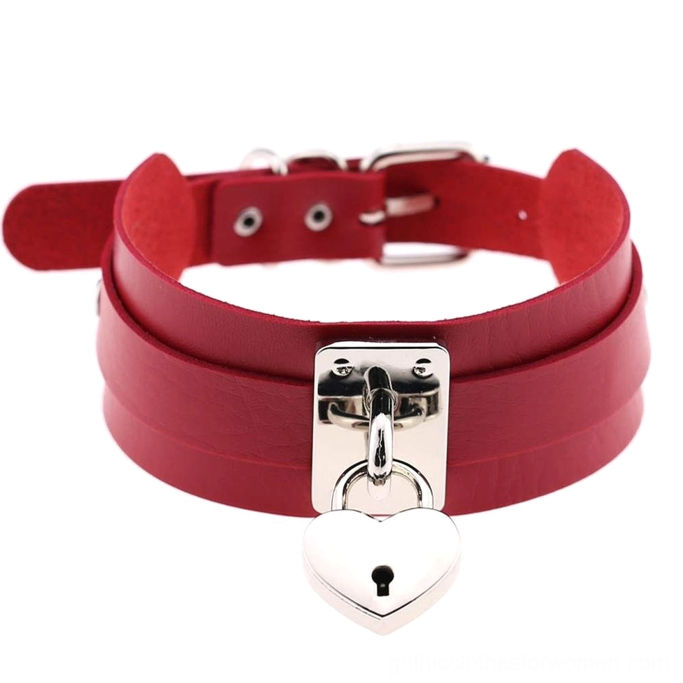 Red gothic leather heart lock choker with silver lock pendant - bold romantic variant