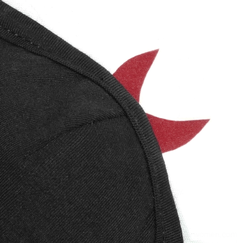 Detailed close-up of matte red horn decoration on black cotton gothic demon face mask