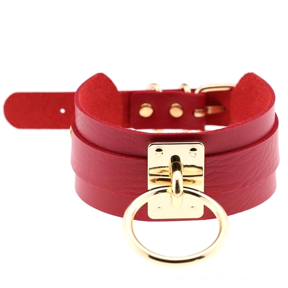 Red PU leather bondage choker with gold tone metal ring hardware, vibrant gothic choker necklace