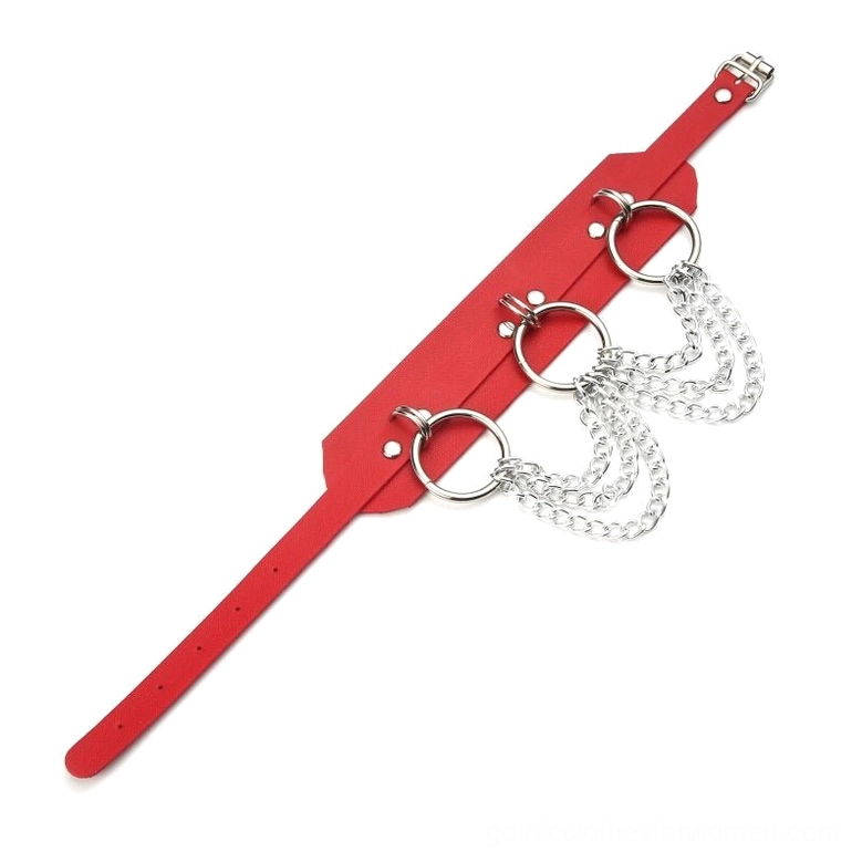 Red leather choker with metal chain, bold gothic statement piece, side view showing chain articulation