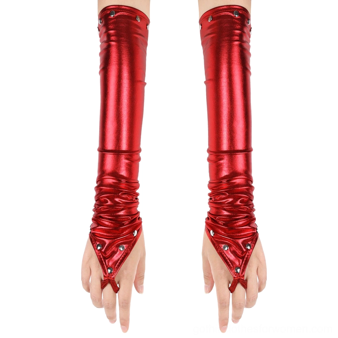 Red metallic PU leather fingerless gloves with metal rivets and ruched cuff, front view