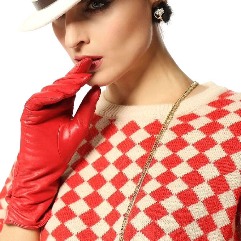 Bright red smooth leather gloves gothic style, fitted silhouette full finger wrist length