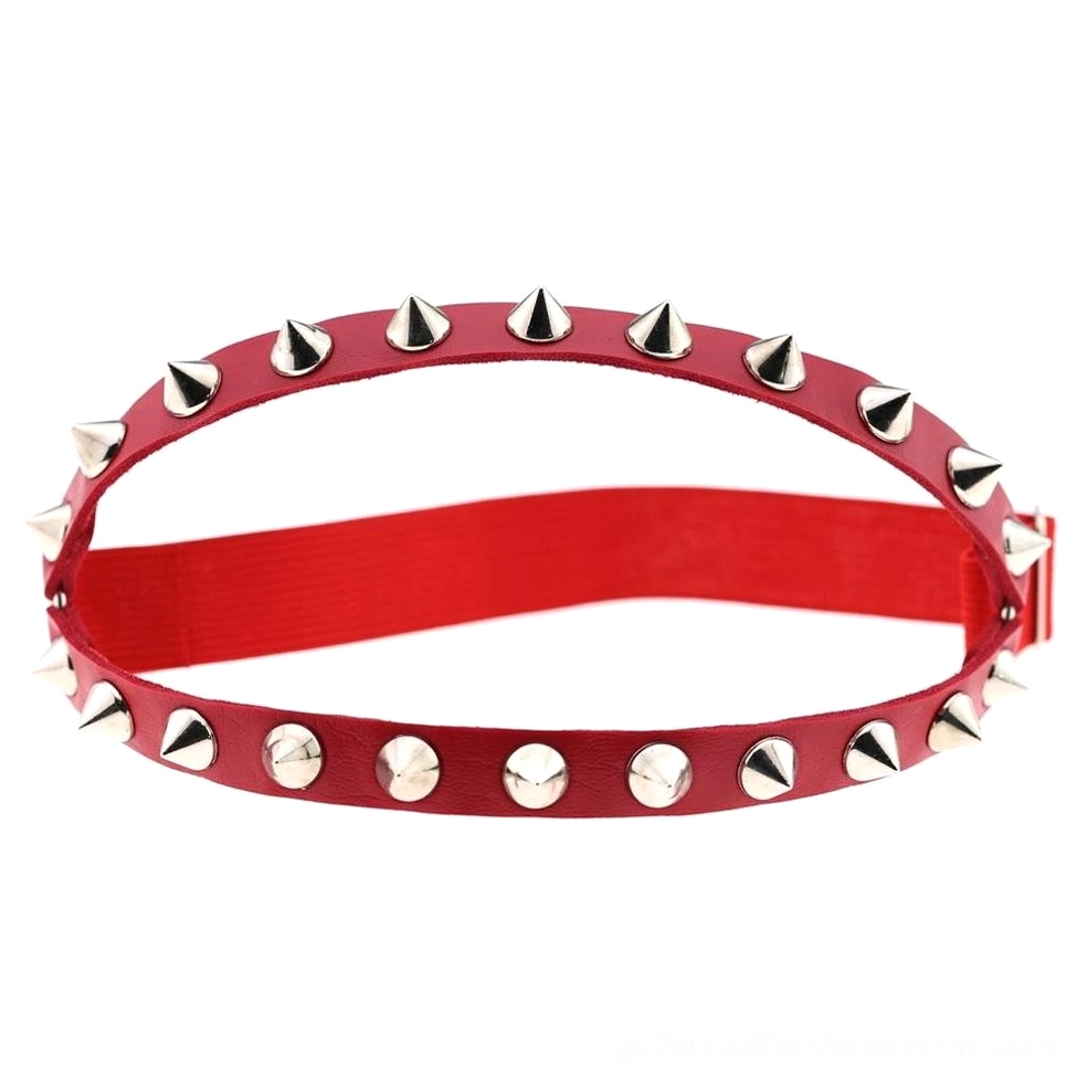 Red leather spiked leg garter with silver metal studs cone rivets adjustable gothic harness accessory