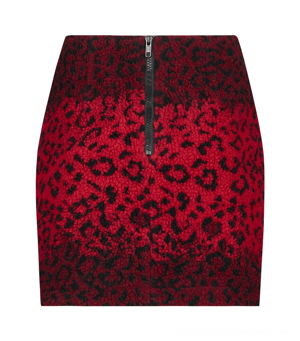 High-waisted red leopard print gothic mini skirt flat lay rear view, central back zipper and solid fleece construction