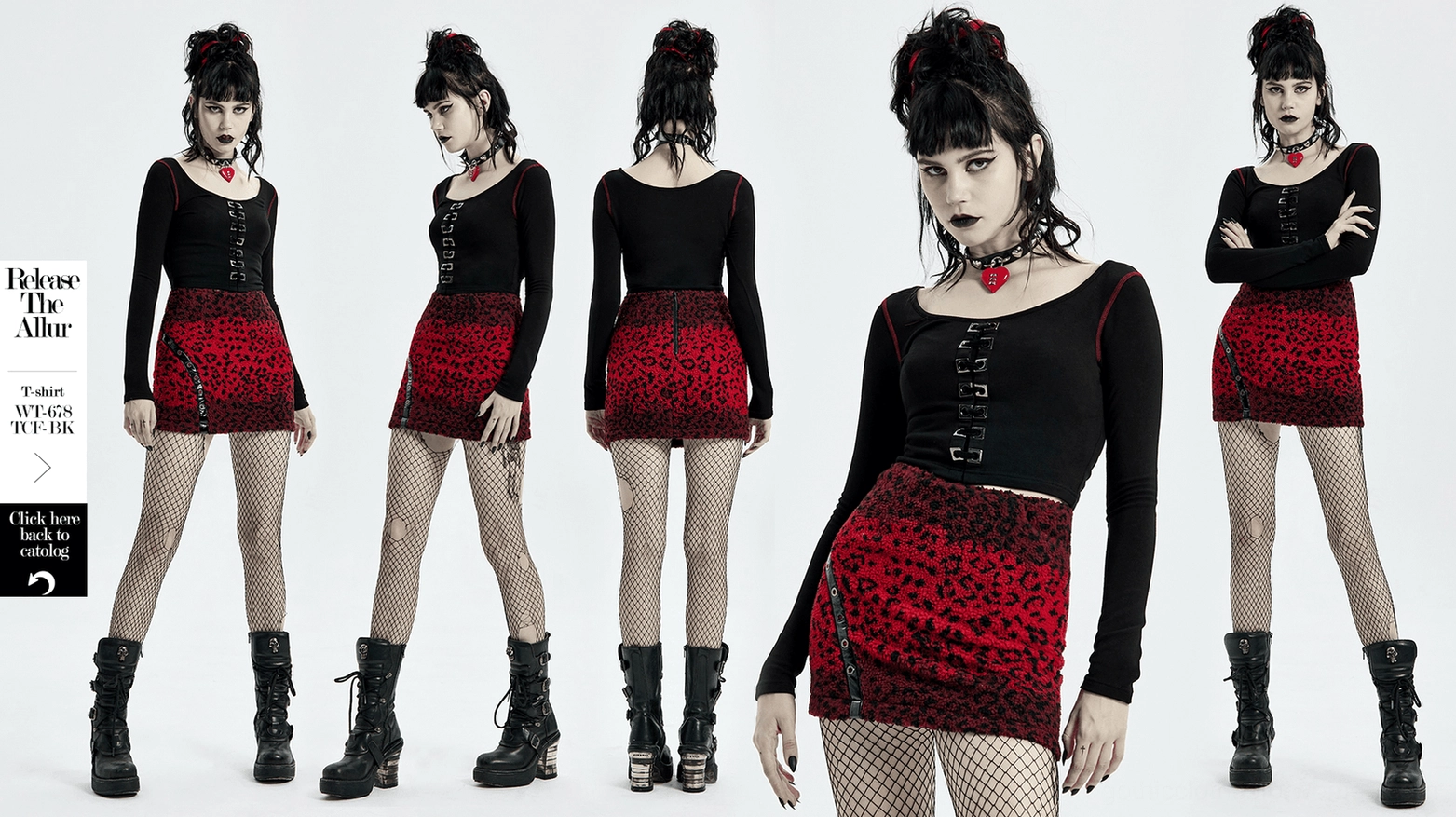 Red leopard print gothic mini skirt front facing, highlighting fierce pattern, fitted cut, and punk-goth aesthetic