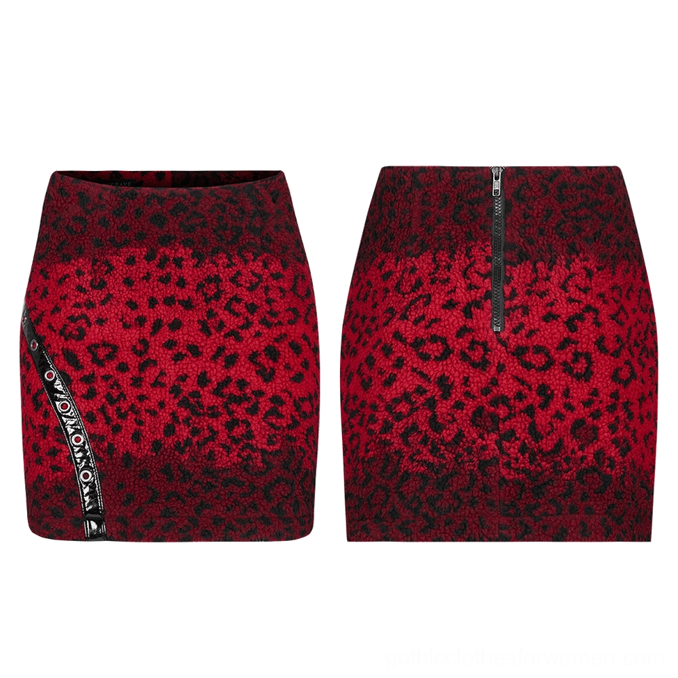 Red leopard print gothic skirt flat lay product shots showing side eyelet straps and back zipper design