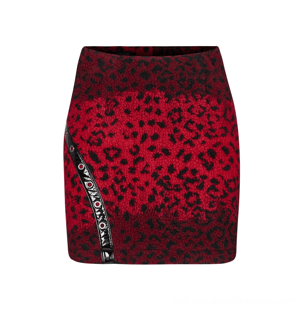 Gothic red leopard print mini skirt front view flat lay, showing metal eyelet embellishments and fuzzy fleece texture