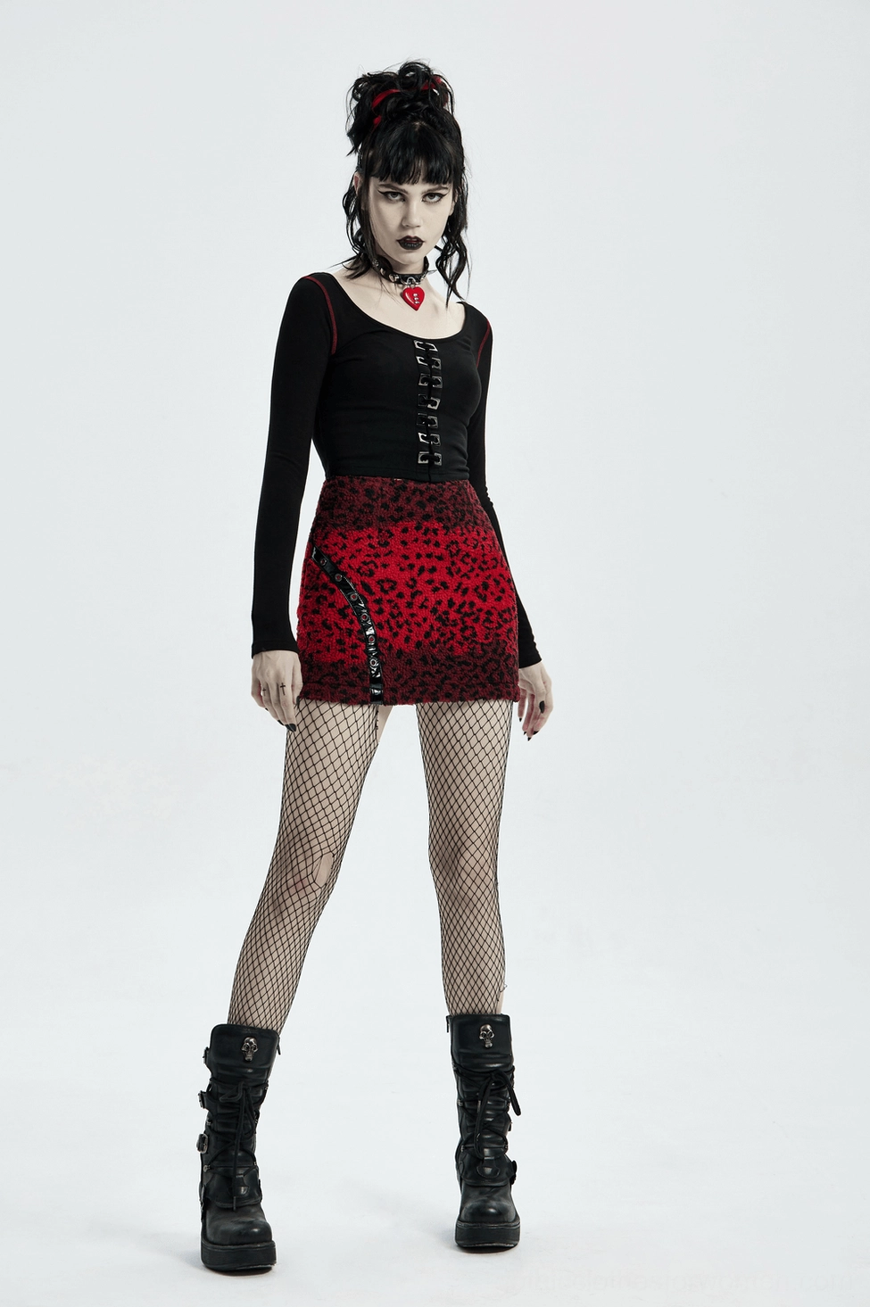 Red leopard gothic mini skirt full product view showcasing fitted silhouette, hardware accents, and design construction