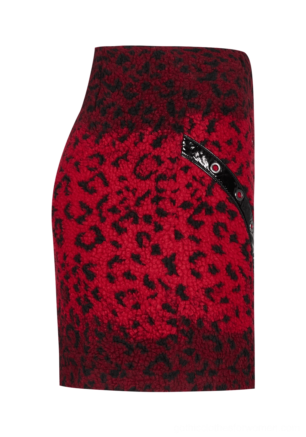Black and red leopard gothic mini skirt rear right flat lay, side eyelet strap with metal hardware details