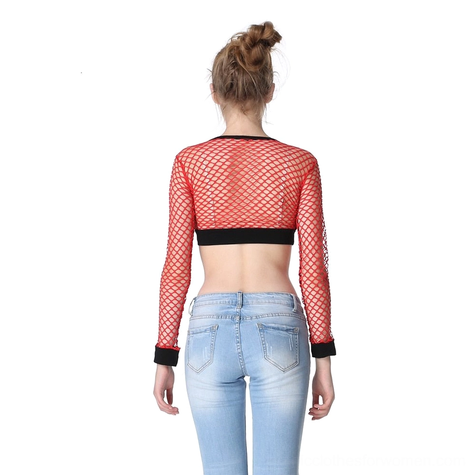 Red mesh fishnet crop top back view with black trim, paired with light blue denim jeans