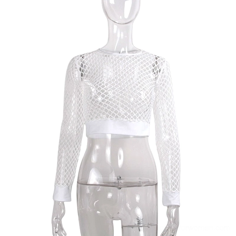 Red mesh fishnet crop top front view showing hollow-out pattern and cropped silhouette