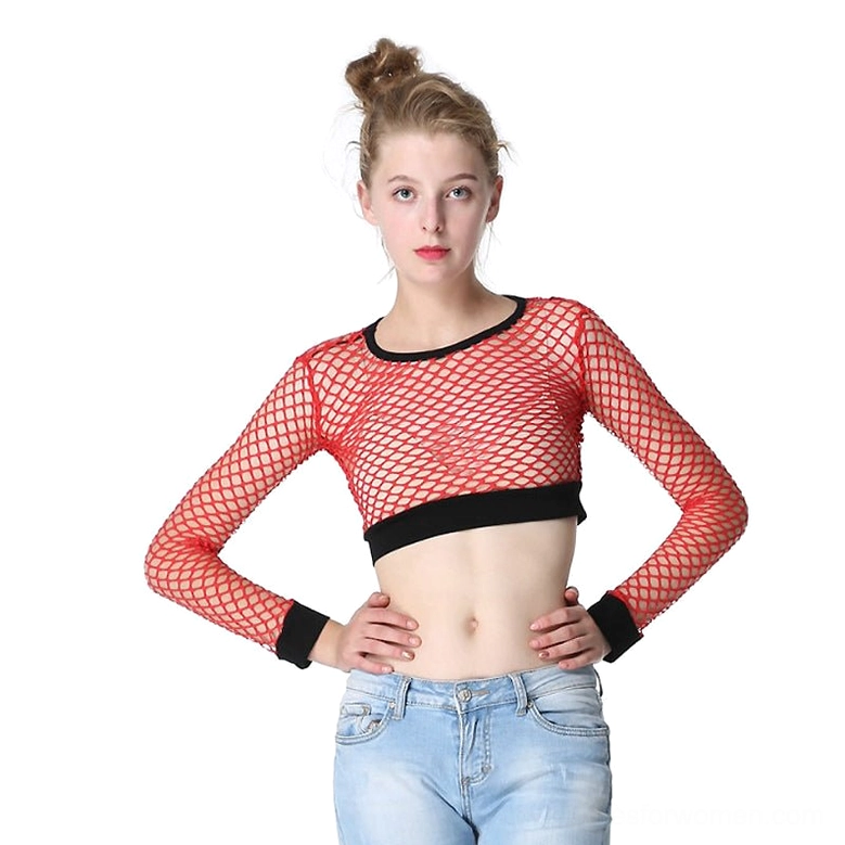 Red mesh fishnet crop top full view with black trim hem, paired with light blue denim jeans