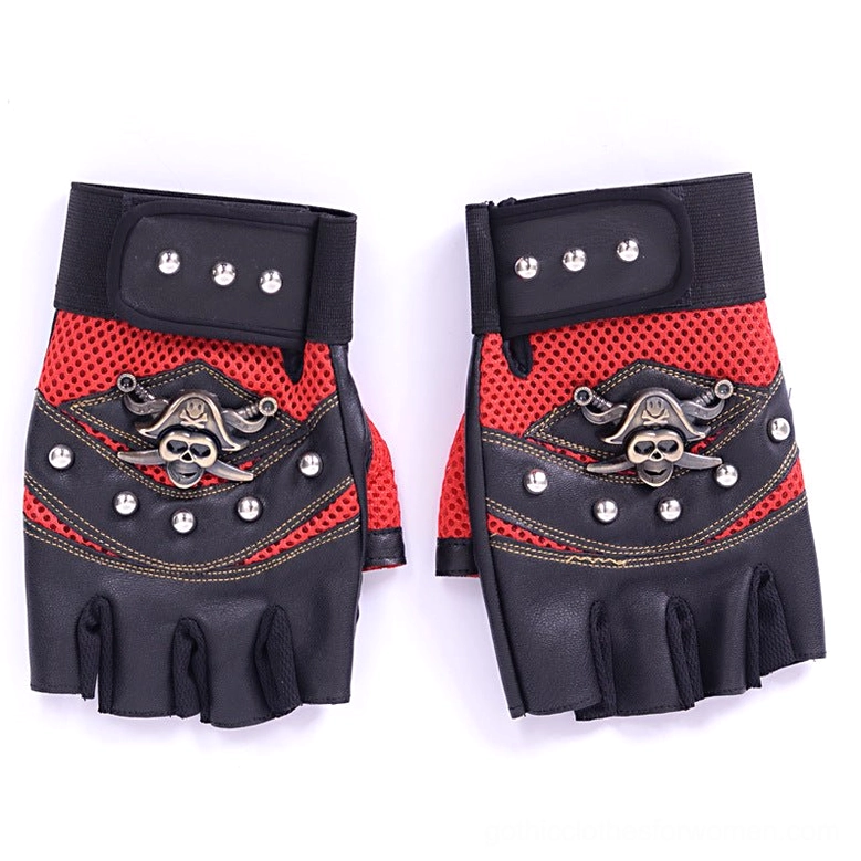 Red mesh half-finger gloves with black leather base and metal rivets showing velcro strap on white background