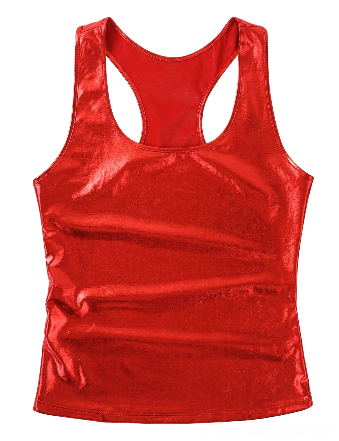Red metallic racerback tank top flat lay front, shiny gothic camisole bright red color