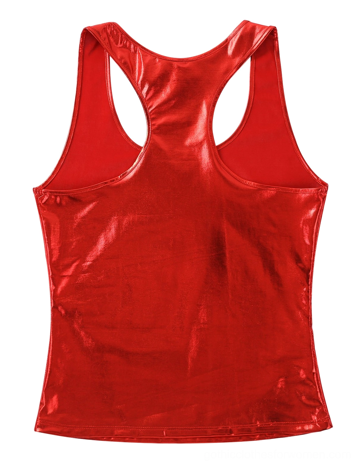 Red glossy tank top rear flat lay showing cutout design, metallic gothic camisole back