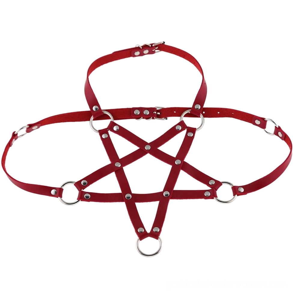 Red PU leather pentagram harness alternative fashion statement with metal ring and rivet detailing