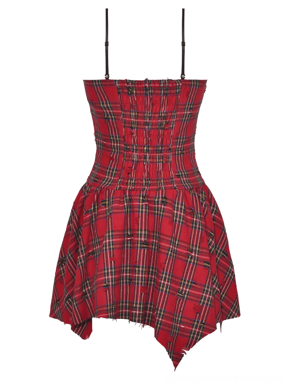 Back flat lay of red tartan corset dress showing structured bodice and thin spaghetti straps
