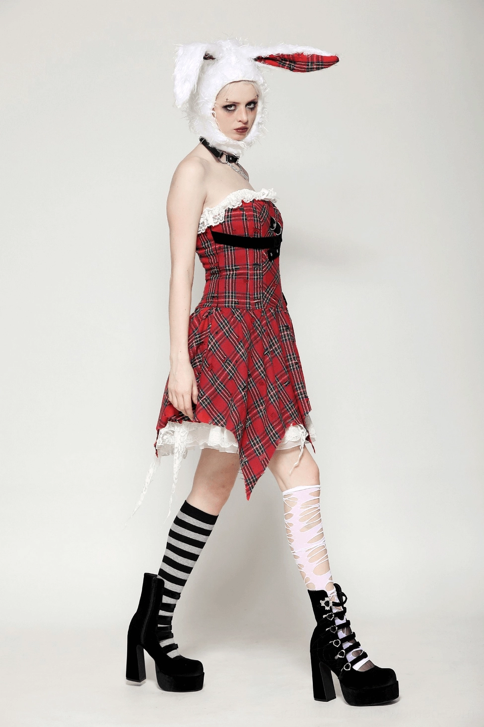Red plaid corset dress additional angle showing overall silhouette and construction quality