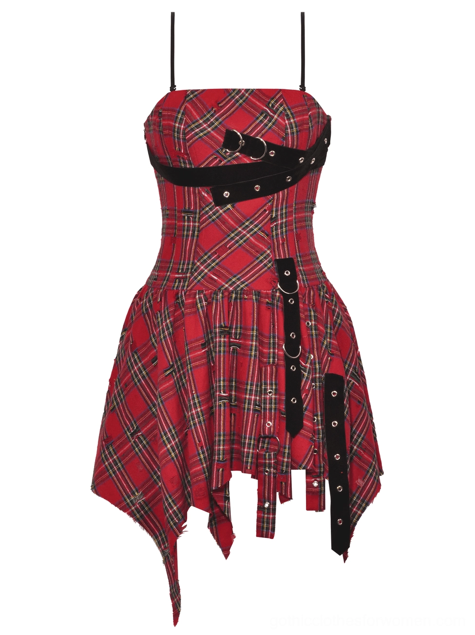 Front flat lay of red plaid corset dress with buckle strap details and irregular torn hem