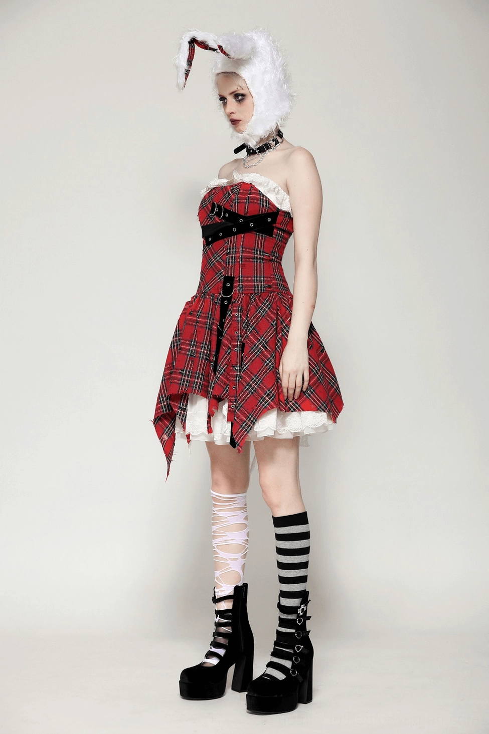 Red gothic corset mini dress alternative styling view with buckle hardware and strap details