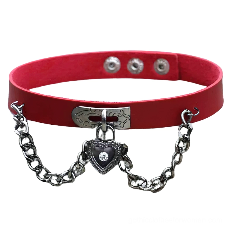 Red PU leather gothic choker necklace with heart-shaped lock pendant and silver chain - front shot