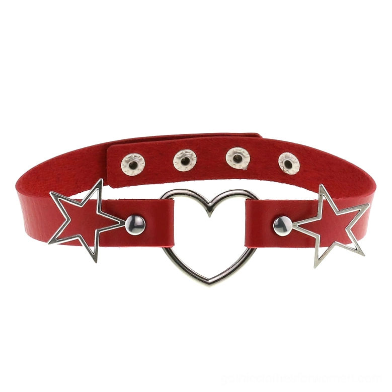 Red PU leather gothic choker with heart pendant and silver star accents, adjustable snap fasteners, bold color variant