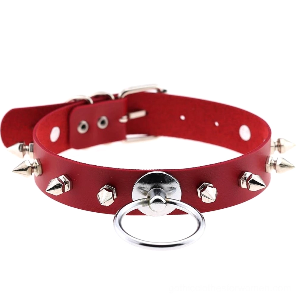 Wine red spiked PU leather choker with metal spikes O-ring pendant and adjustable buckle