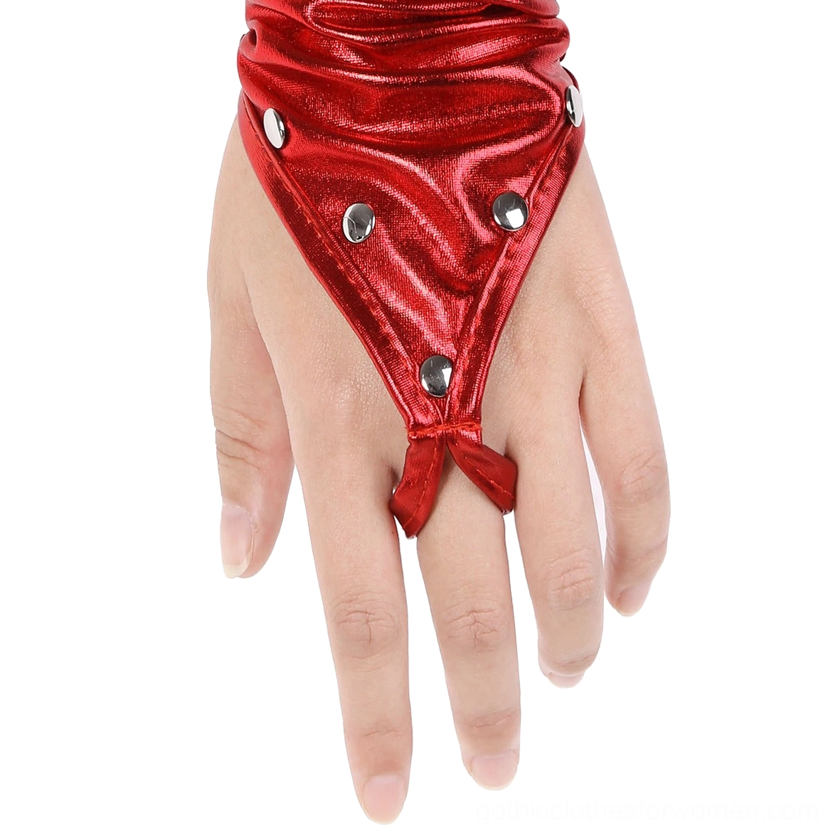 Red metallic punk hand harness gloves with triangular front panel and metal rivets close-up