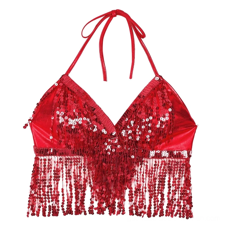 Red sequin halter crop top flat lay showing halter strap and tassel fringe