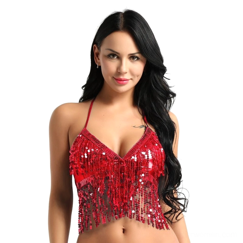 Deep red sequin halter crop top with fringe front view on model