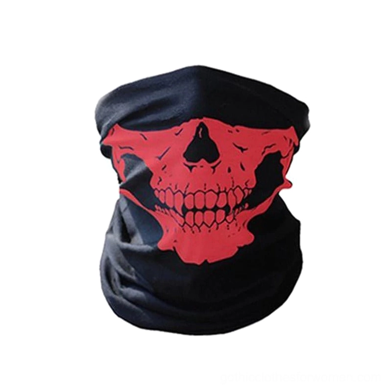Red skull gothic balaclava, blood red skull motif on folded black fabric display
