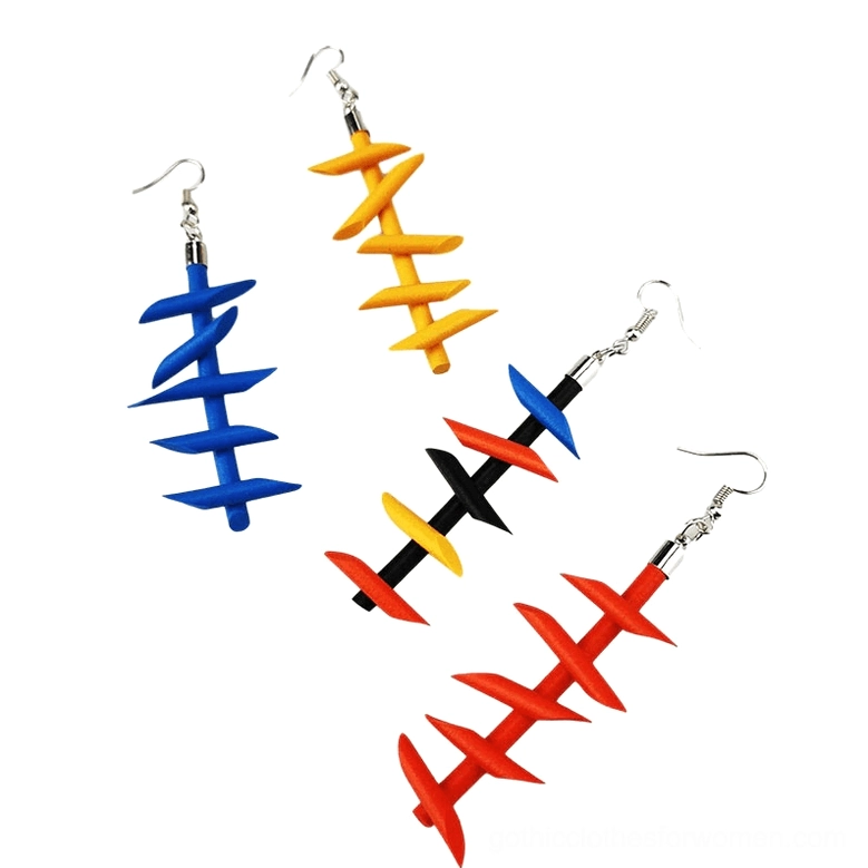 Red twisted spike rubber dangle earrings gothic punk jewelry detailed close-up view handmade silicone