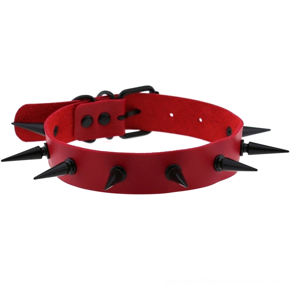 Red spiked choker collar with black iron studs and adjustable fit for gothic and alternative wear