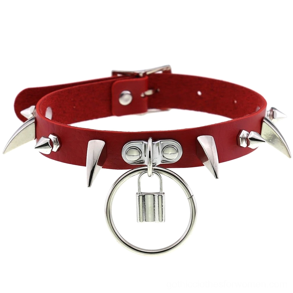 Red spiked gothic choker collar with lock pendant and silver metal spike studs