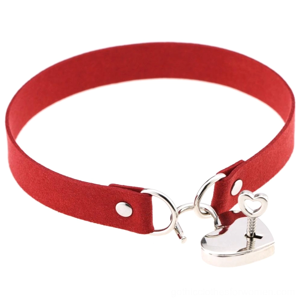 Red suede heart lock choker with silver padlock - gothic and steampunk fusion jewelry