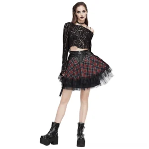 Red and black tartan gothic chain skirt with lace crop top, full-body front view on model
