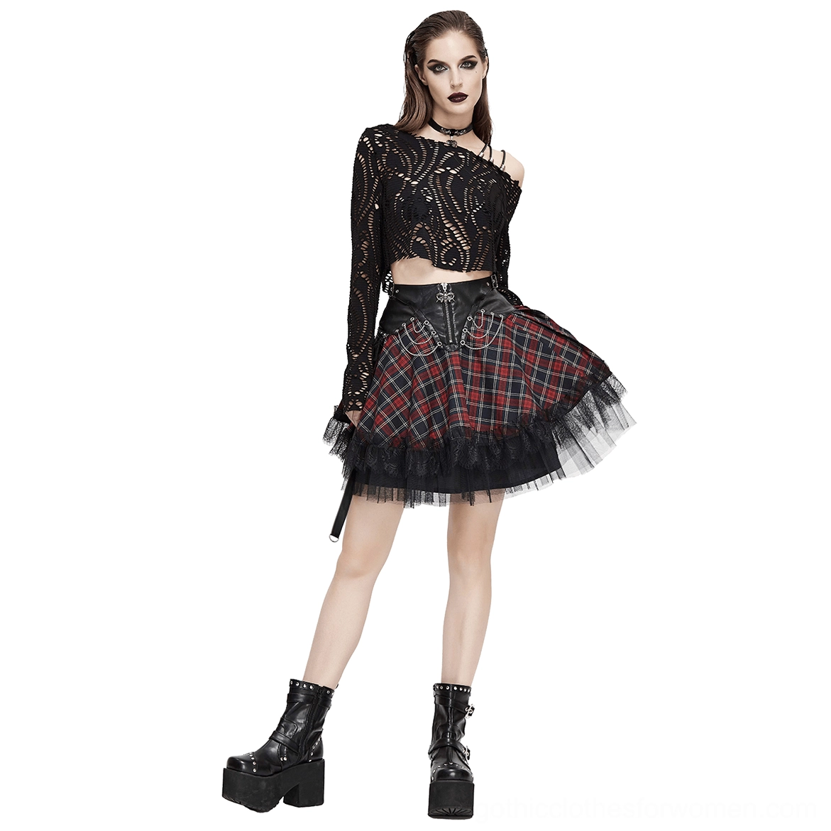 Red and black tartan gothic chain skirt with lace crop top, full-body front view on model