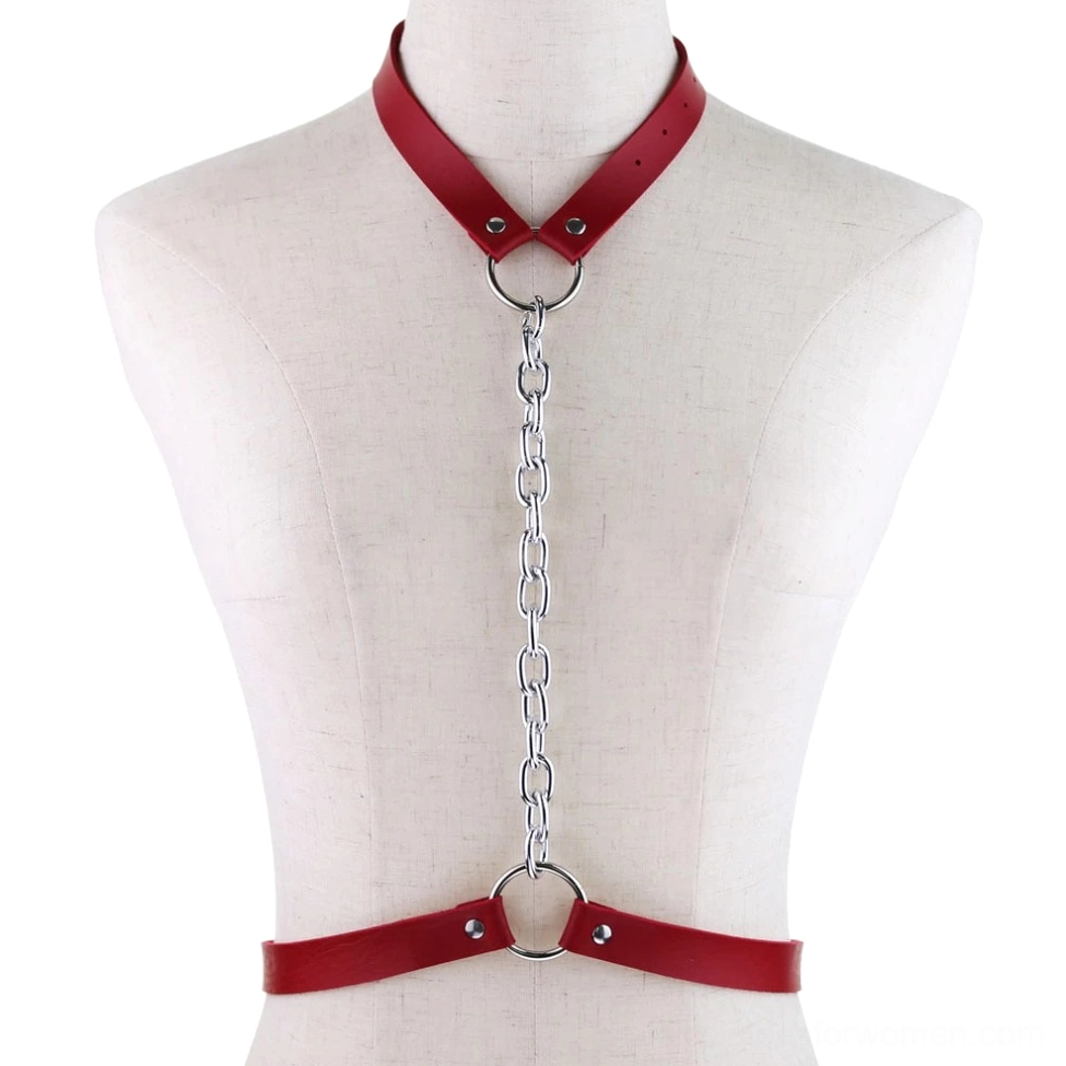 Red faux leather gothic body harness with metal chain accents and adjustable buckles, torso display
