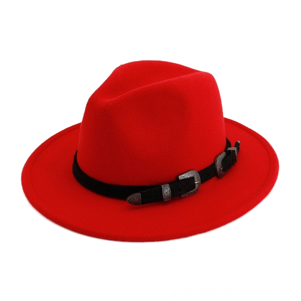 Bright red vintage fedora hat with dual buckle leather belt and classic felt silhouette