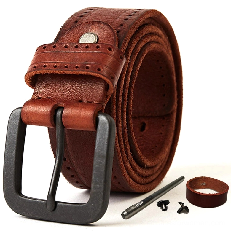 Reddish-brown gothic leather belt angled view displaying round metal buckle construction and quality cowskin leather texture