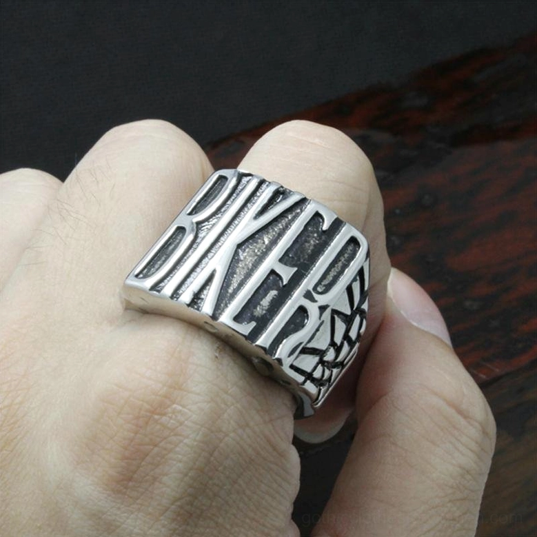 Gothic biker ring angled inner view displaying polished silver band and craftsmanship detail